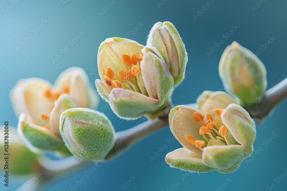 Macro shot of blooming flower buds with yellow and green hues against blurred background