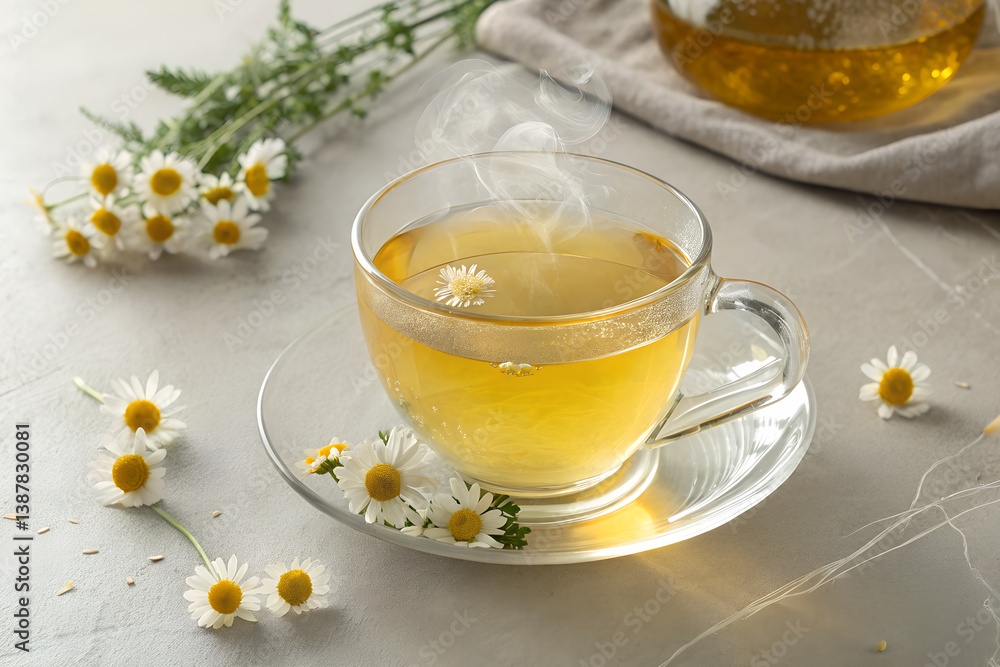 Glass Teacup with Bright Yellow Chamomile Tea on White Saucer – Fresh and Inviting Glass Teacup with Bright Yellow Chamomile Tea on White Saucer – Fresh and Inviting
