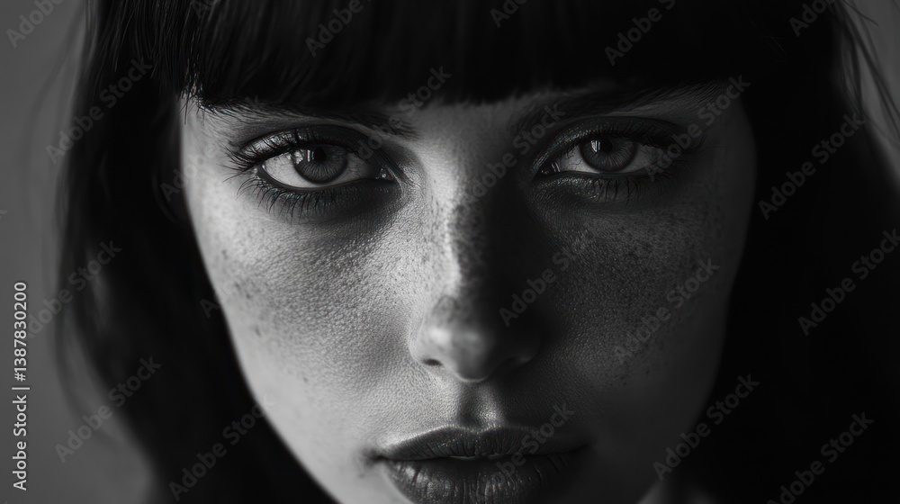 Monochromatic portrait unveils the alluring gaze of a young woman with freckles Monochromatic portrait unveils the alluring gaze of a young woman with freckles