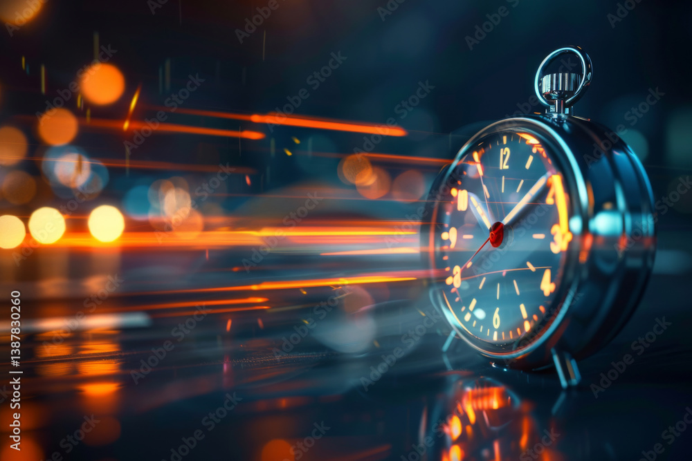Classic alarm clock with glowing motion trails on dark background. Vintage watch with dynamic light streaks. Time concept with speed light effect