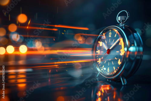 Obraz na płótnie Classic alarm clock with glowing motion trails on dark background. Vintage watch with dynamic light streaks. Time concept with speed light effect w salonie