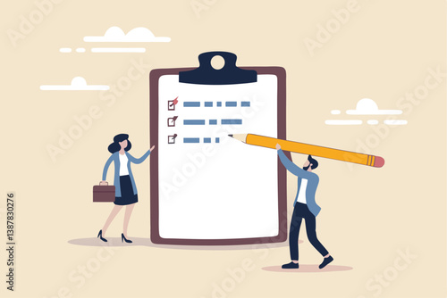 Task checklist, clipboard with to do list checkmark, task management to track work completion, accomplishment, survey or questionnaire concept, business people with pencil and checklist clipboard.