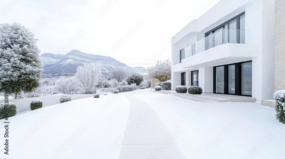 Obraz premium A snow-covered modern house with large windows and a balcony sits prominently. Landscaped shrubs and trees dusted with snow surround it. The high-resolution image features crisp details and natural