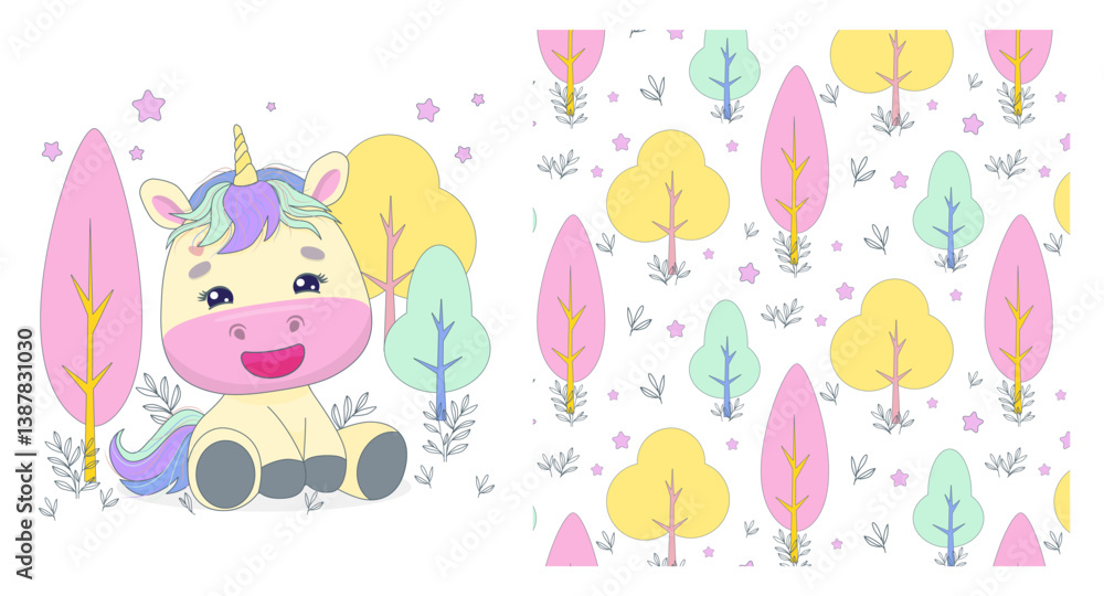 Charming vector illustration of a happy unicorn with a colorful horn and mane, sitting in a whimsical forest with pastel-colored trees and stars, evoking a magical and playful atmosphere. Charming vector illustration of a happy unicorn with a colorful horn and mane, sitting in a whimsical forest with pastel-colored trees and stars, evoking a magical and playful atmosphere.