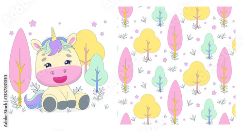 Charming vector illustration of a happy unicorn with a colorful horn and mane, sitting in a whimsical forest with pastel-colored trees and stars, evoking a magical and playful atmosphere.