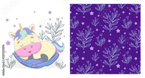 Adorable unicorn sleeping on a cushion surrounded by stars and leaves. Colorful mane and gentle expression create a calming atmosphere. Includes seamless pattern design.
