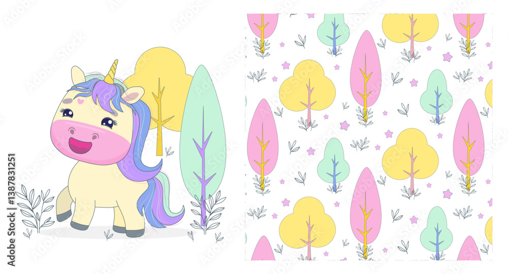 Naklejka premium Vector illustration of a cute pastel unicorn with a joyful expression, set against a playful patterned background of colorful trees and stars, creating a whimsical scene.