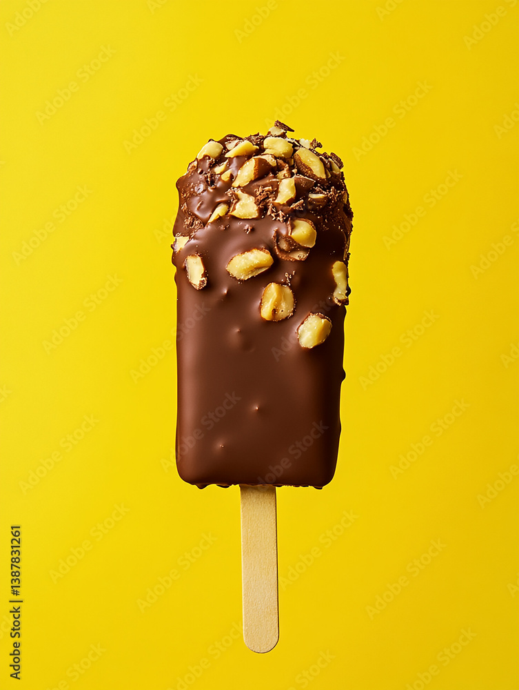 Obraz premium A chocolate-coated ice cream bar with nutty texture set against a vibrant yellow background