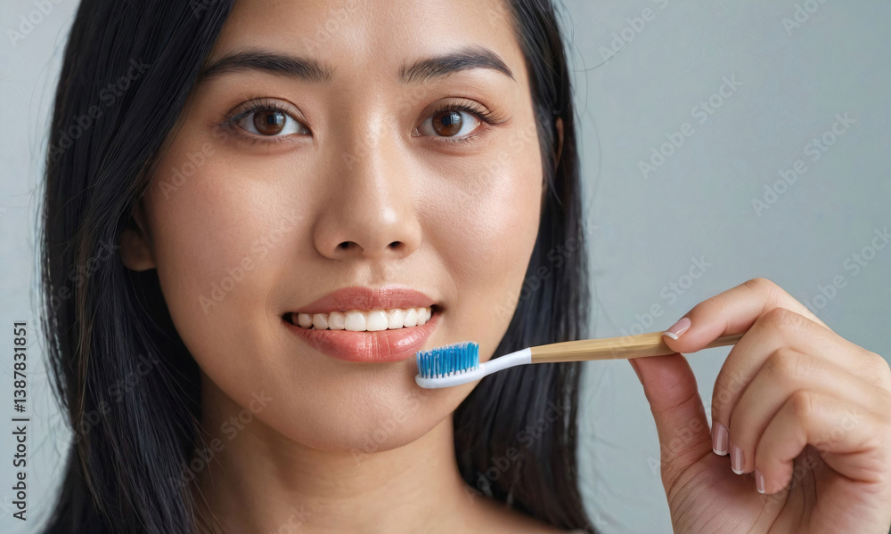 Asian Woman Holding a Toothbrush as a Symbol of Personal Care and Hygiene Asian Woman Holding a Toothbrush as a Symbol of Personal Care and Hygiene