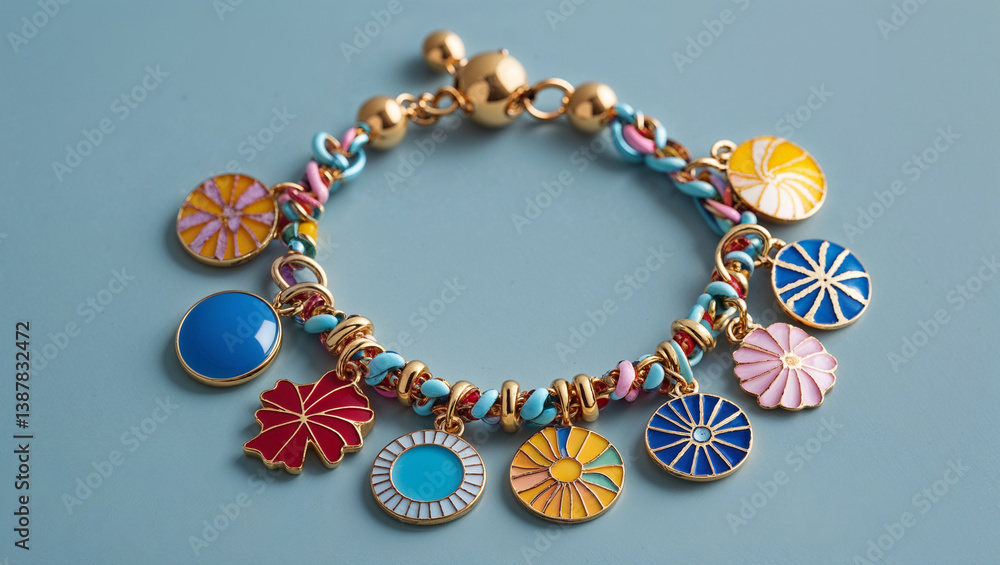 Charming Bracelet With Colorful Charms On A Blue Background Close Up Charming Bracelet With Colorful Charms On A Blue Background Close Up