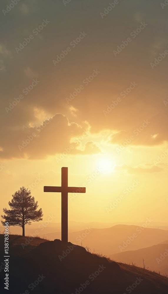 Silhouette of cross on hilltop with sunrise. Symbolic image of faith, spirituality, hope. Scene represents belief, religion, christianity, easter, gospel, resurrection, salvation, peace. Symbol of Silhouette of cross on hilltop with sunrise. Symbolic image of faith, spirituality, hope. Scene represents belief, religion, christianity, easter, gospel, resurrection, salvation, peace. Symbol of