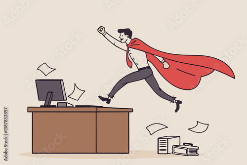 Effective work, productive office effort or efficiency, motivation to finish task or accomplishment, solution idea, performance or challenge concept, businessman superhero finish work on office desk.