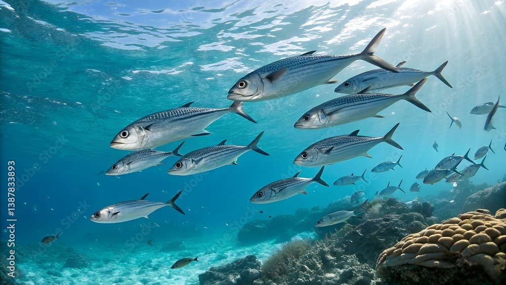 Obraz premium A high-resolution shot of tuna swimming over coral reefs, with sunlight filtering through the water.. Fish Atlantic bonito on white background.