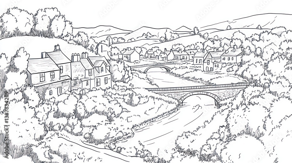 Fototapeta premium Sketchy Countryside Village Scene