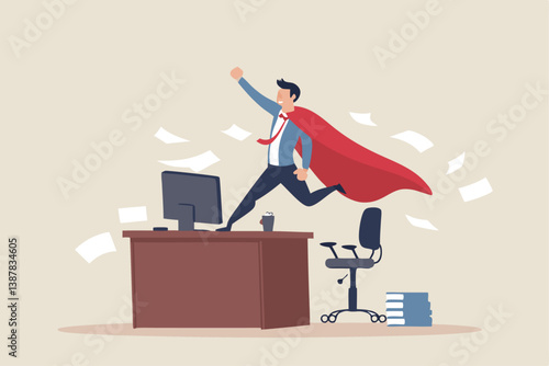 Effective work, productive office effort or efficiency, motivation to finish task or accomplishment, solution idea, performance or challenge concept, businessman superhero finish work on office desk.
