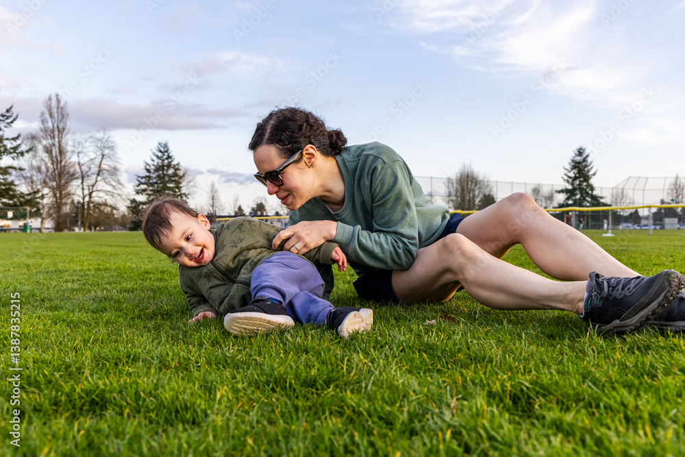 Mother and Toddler Outdoor Play in Burnaby, Vancouver Park on Sunny Day Mother and Toddler Outdoor Play in Burnaby, Vancouver Park on Sunny Day