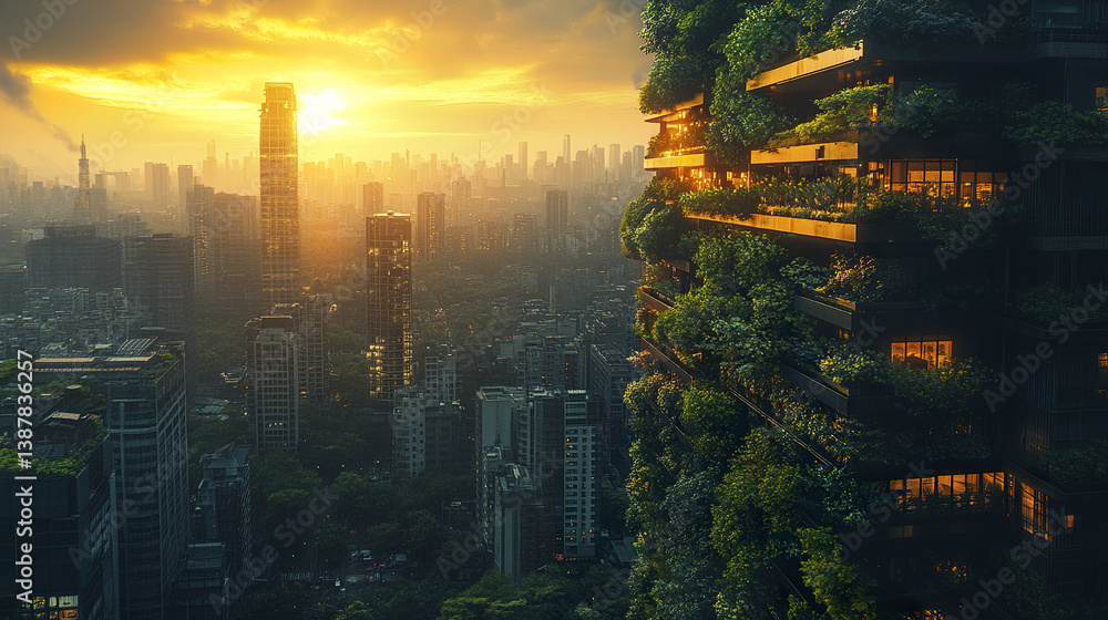Obraz premium modern building with lush vertical gardens and solar panels