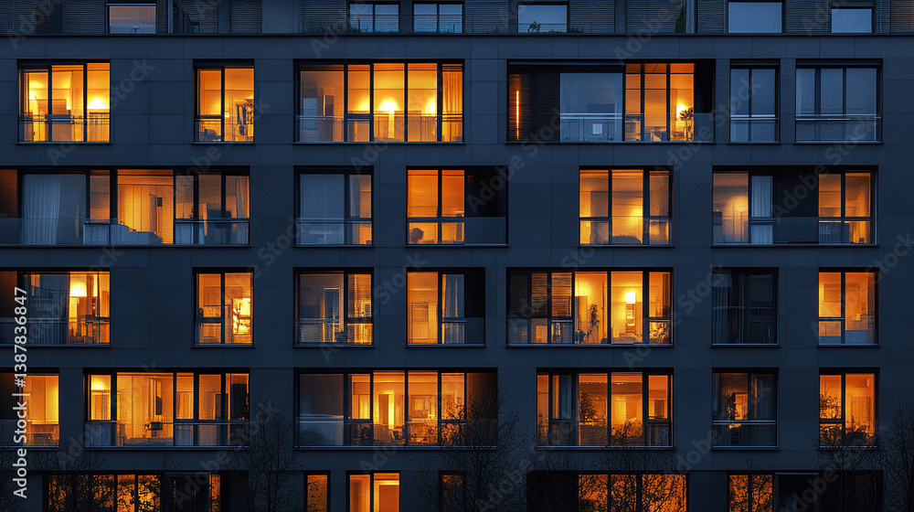 Illuminated city apartment block at dusk with warm glowing windows Illuminated city apartment block at dusk with warm glowing windows