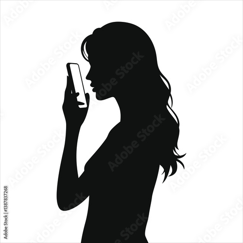 Woman Silhouette Talking on Smartphone Against white Background/A simple, impactful silhouette of a woman talking on a smartphone, set against white background.