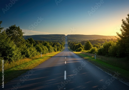 Straight road to horizon through forest landscape for nature adventure concept, travel route, long journey idea, scenic destination, endless path background