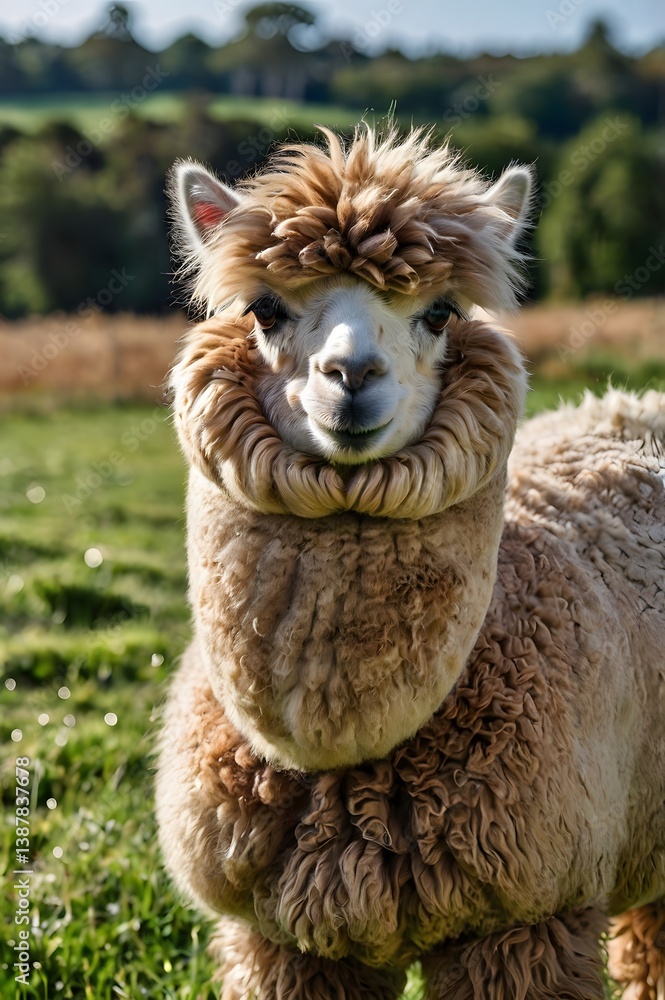 Cute Fluffy Alpaca Staring into Camera in Lush Green Field Cute Fluffy Alpaca Staring into Camera in Lush Green Field