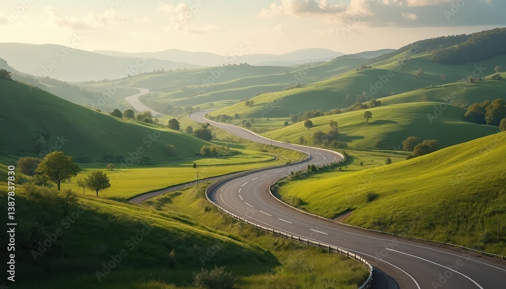 Fototapeta premium Winding road through rolling green hills. Asphalt highway curves, open road leads through idyllic rural landscape. Scenic journey, nature, travel, freedom, summer adventure.