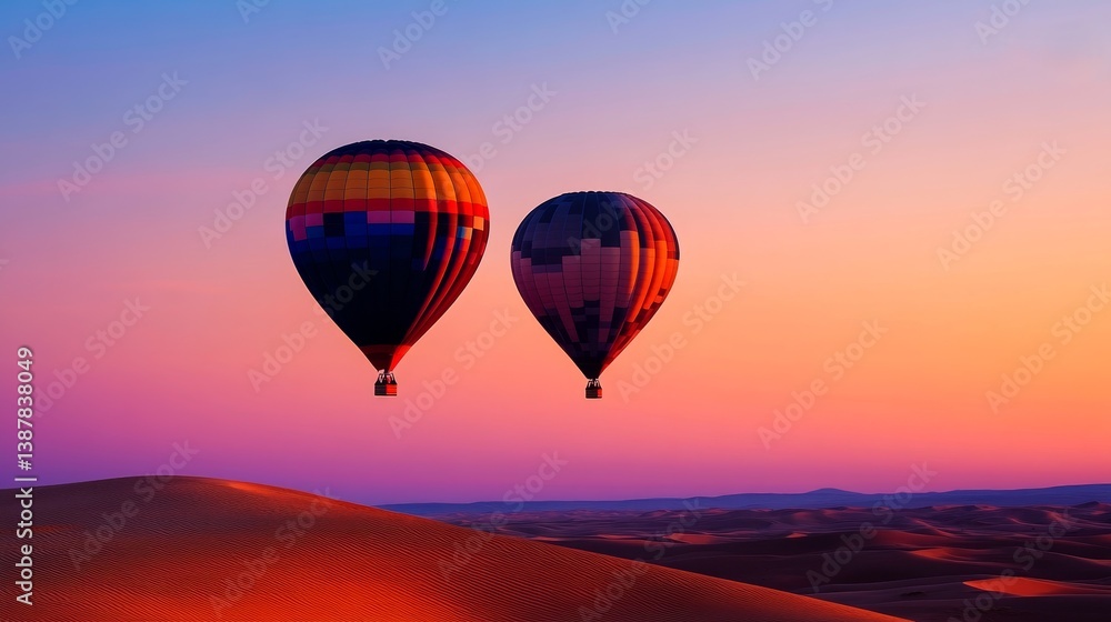Fototapeta premium Two vibrant hot air balloons soaring over a serene desert landscape at sunset