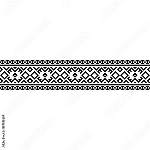 Repeating black and white geometric lines and squares form a seamless horizontal pattern, inspired by Navajo and tribal designs. Perfect for prints, packaging, and web backgrounds
