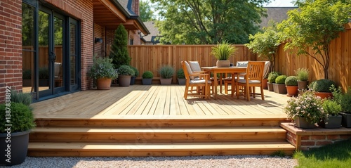 Fototapeta Naklejka Na Ścianę i Meble -  New wooden deck with patio furniture in backyard. Outdoor space with table chairs for relax. Summer day light. Luxury design for house garden renovation. Residential property lifestyle.