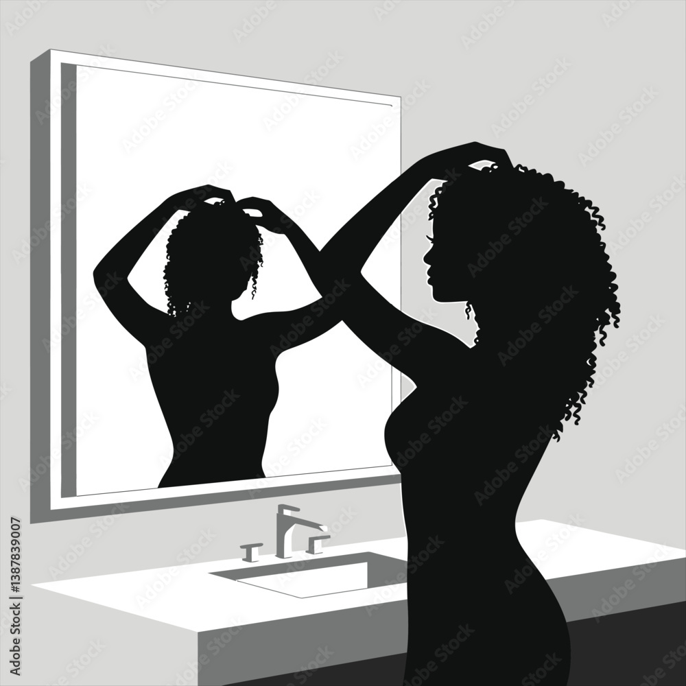 Fototapeta premium Woman Styling Curly Hair in Front of Bathroom Mirror/A silhouette of a woman with curly hair adjusting her hairstyle in front of a bathroom mirror.