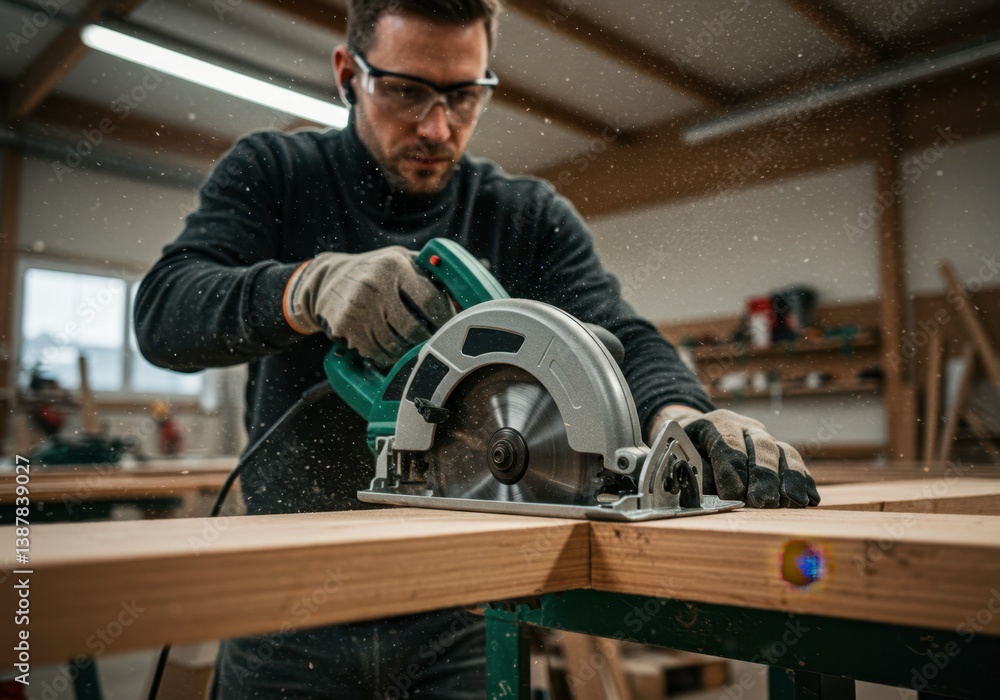 Man working with circular saw in carpentry workshop using safety glasses, cutting wood on workbench for furniture construction or repair, woodworking industry
