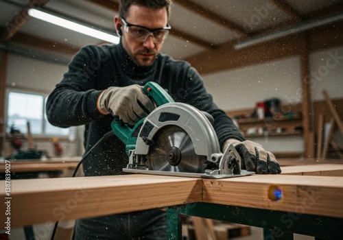 Obraz na płótnie Man working with circular saw in carpentry workshop using safety glasses, cutting wood on workbench for furniture construction or repair, woodworking industry w salonie