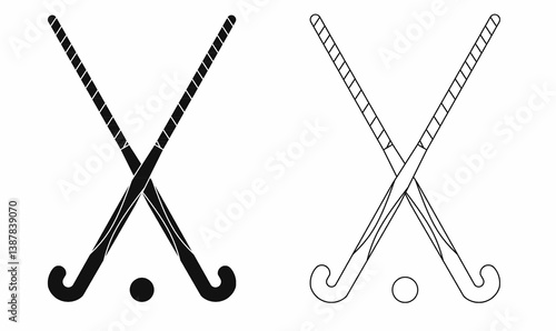 Crossed field hockey sticks icon with ball in black and outline style. Simple vector design perfect for sports logo, team emblem, or athletic-themed graphics.