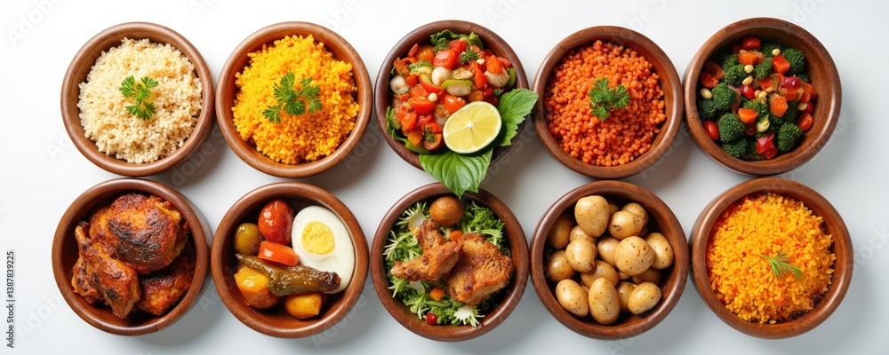 Top view of diverse Brazil food bowls on white background. Traditional Brazilian cuisine includes meat vegetables corn rice. Delicious vibrant dishes for healthy tasty lunch or dinner. Top view of diverse Brazil food bowls on white background. Traditional Brazilian cuisine includes meat vegetables corn rice. Delicious vibrant dishes for healthy tasty lunch or dinner.