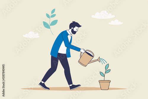 Career growth development, human resources motivate talent for job promotion, growing employee, improvement or manager support concept, businessman manager pouring water to growing employee seedling.