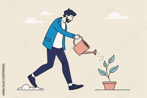 Career growth development, human resources motivate talent for job promotion, growing employee, improvement or manager support concept, businessman manager pouring water to growing employee seedling.