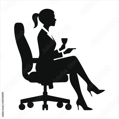 Professional Woman Sipping a Drink in Office Chair Silhouette/A black and white silhouette of a woman seated in an office chair, holding a glass.
