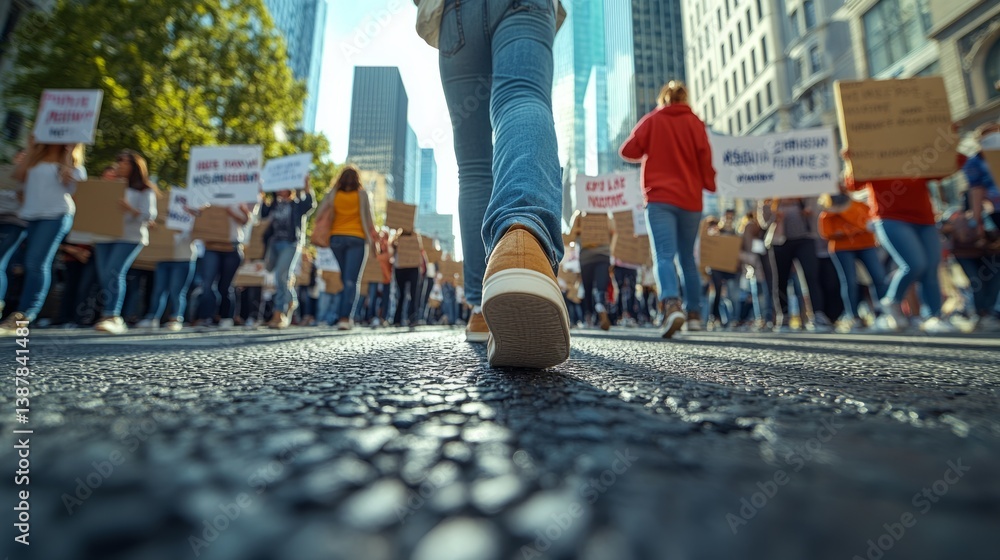 Footsteps echo as a diverse group rallies for justice and change in a vibrant urban setting under clear skies Footsteps echo as a diverse group rallies for justice and change in a vibrant urban setting under clear skies
