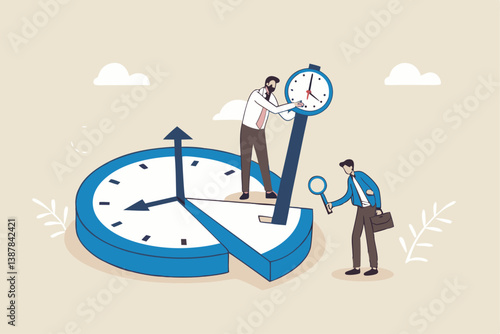 Time or attendance tracking system, analyze work efficiency in project management, productivity, workflow or effort, time spending to finish task concept, businessman cut clock in piece to analyze.