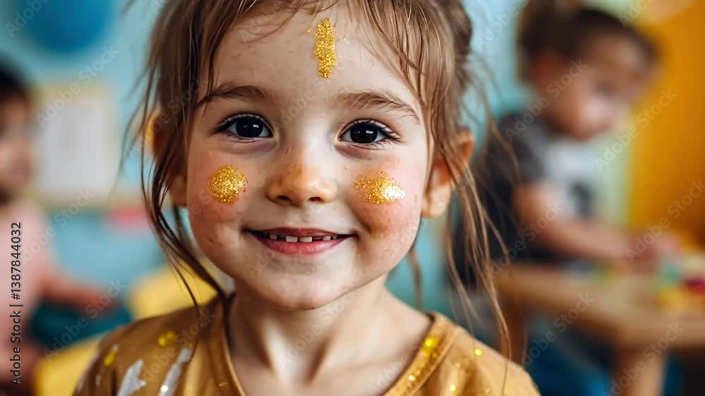 Smiling child with face paint: A close-up shot captures the radiant joy of a little girl adorned with face paint, her expressive eyes and charming smile radiating pure happiness. Smiling child with face paint: A close-up shot captures the radiant joy of a little girl adorned with face paint, her expressive eyes and charming smile radiating pure happiness.