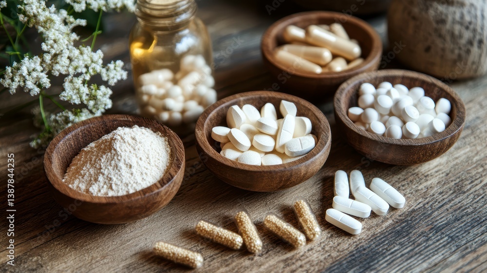 Fototapeta premium Assorted pills, capsules, and powder in wooden bowls on rustic wood.