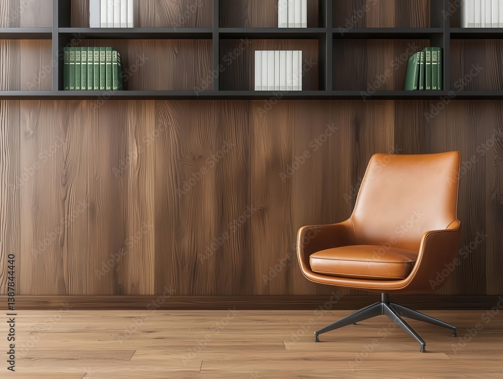 An elegant office library with modern shelving, a large leather chair, and soft lighting for a cozy, refined work environment An elegant office library with modern shelving, a large leather chair, and soft lighting for a cozy, refined work environment