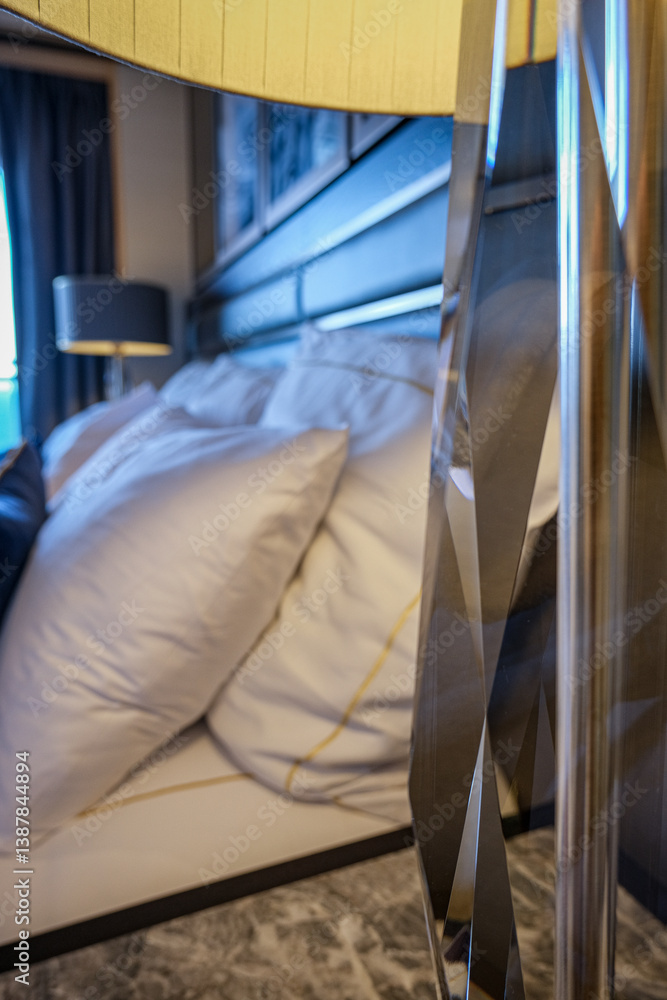 Luxurious ocean view or oceanview or outside balcony veranda cabin stateroom suite queen king double bed on luxury ocean liner cruiseship cruise ship in classic classy interior Art Deco style design