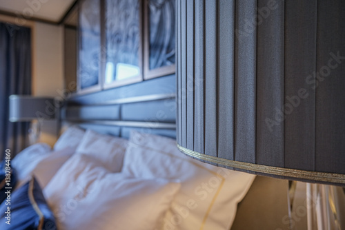 Obraz na płótnie Luxurious ocean view or oceanview or outside balcony veranda cabin stateroom suite queen king double bed on luxury ocean liner cruiseship cruise ship in classic classy interior Art Deco style design w salonie