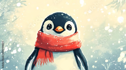Cute cartoon penguin wearing a red scarf in snowy winter scene.