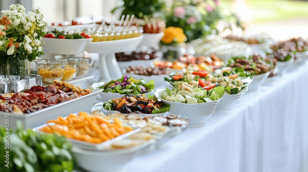 A buffet-style lunch with fresh salads, grilled meats, and side dishes on a white table. A buffet-style lunch with fresh salads, grilled meats, and side dishes on a white table.