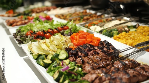 A buffet-style lunch with fresh salads, grilled meats, and side dishes on a white table.