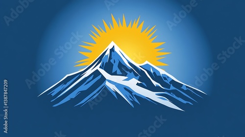A mountain peak with snow and a bright sun behind it.