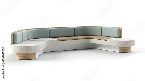 A modern, curved sofa with a wooden frame and light blue cushions.