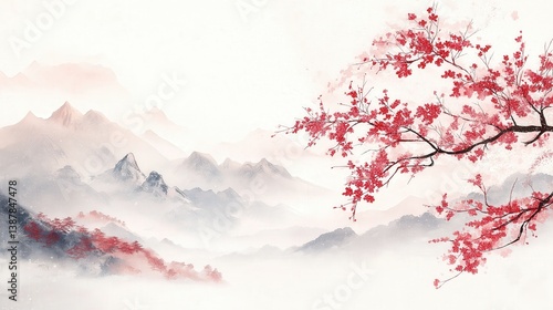 Elegant watercolor-style landscape with cherry blossoms and mountains. Ideal for cultural, artistic, and decor themes.